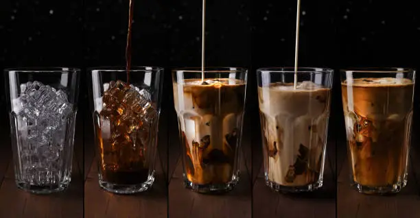 Photo of Set with different stages of Iced coffee on dark background.