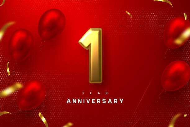 1 year anniversary celebration banner. 1 year anniversary celebration banner. 3d golden metallic number 1 and glossy balloons with confetti on red spotted background. Vector realistic template. gold number 1 stock illustrations