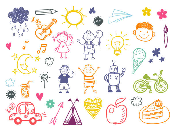 счастливые дети каракули набор с игрушками и инструментами, детские рисунки - childrens music stock illustrations
