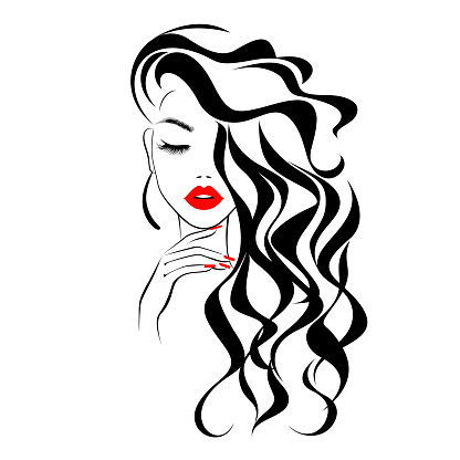 Beautiful sexy face, red lips, hand with red manicure nails, fashion woman, element design, nails studio, curly hairstyle, hair salon sign, icon. Beauty Logo. Vector illustration. Hand drawing style.