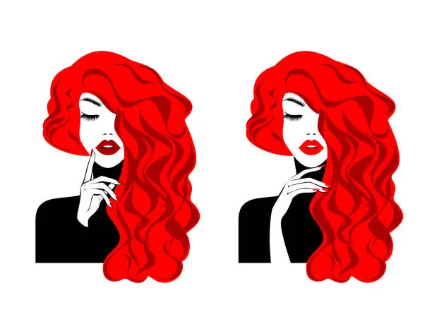 Vector illustration of Beautiful sexy face, red lips, hand with red manicure nails, fashion woman, element design, nails studio, curly hairstyle, hair salon sign, icon. Beauty Logo. Vector illustration. Hand drawing style.