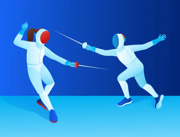 Vector illustration of two swordsmen fight with rapiers. athletes in training, competition, championship. vector flat illustration