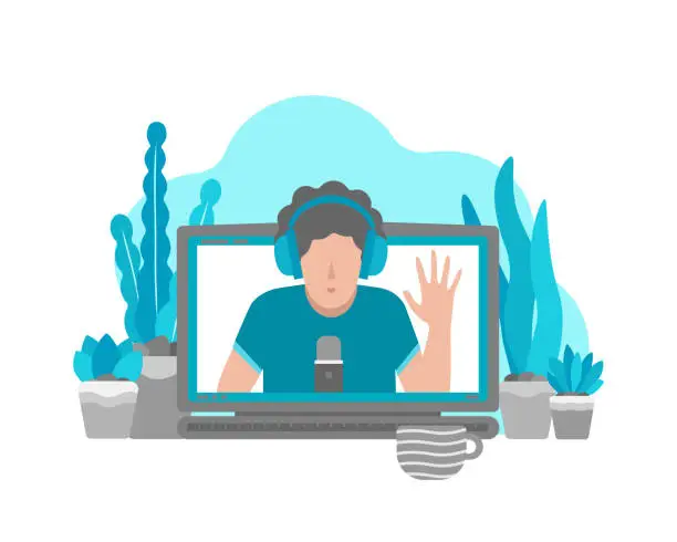 Vector illustration of Vector flat illustration with laptop and person (on screen) at home recordind video on webcam. Remote work by bloggers, podcast hosts, teachers using online stream servises.  Life style in quarantine