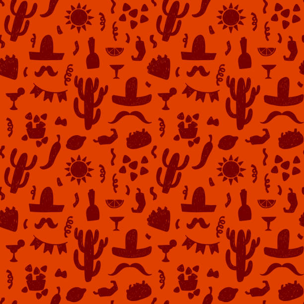 nahtloses doodle-vektormuster mit mexikanischen festlichen zeichen und symbolen - mexikanische küche stock-grafiken, -clipart, -cartoons und -symbole