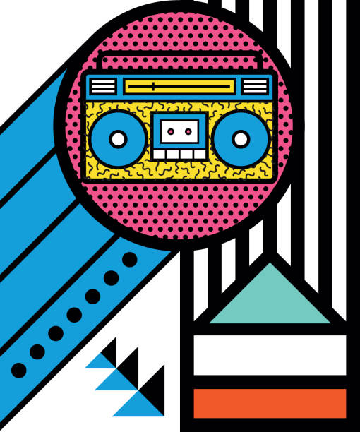 illustrazioni stock, clip art, cartoni animati e icone di tendenza di un colorato poster retrò anni '90 con scatola a braccio su uno sfondo geometrico vivido, design, illustrazione vettoriale - 1980s style funky 1990s style boom box