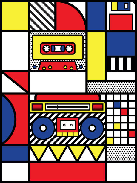 illustrazioni stock, clip art, cartoni animati e icone di tendenza di un colorato design poster retrò anni '90 con scatola a braccio e audiocassetta su uno sfondo geometrico vivido, design, mondrian, illustrazione vettoriale - 1980s style funky 1990s style boom box