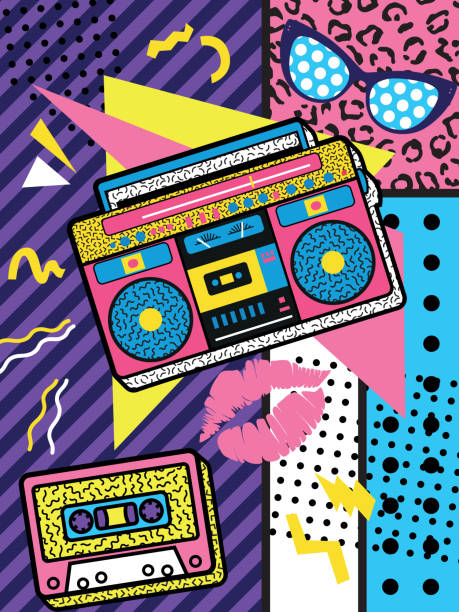 illustrazioni stock, clip art, cartoni animati e icone di tendenza di un colorato retrò del design del poster rock degli anni '90 con boom box e audiocassetta su uno sfondo geometrico vivido, design, illustrazione vettoriale - 1980s style funky 1990s style boom box