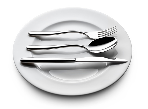 Plate with fork, knife and spoon isolated on white background.