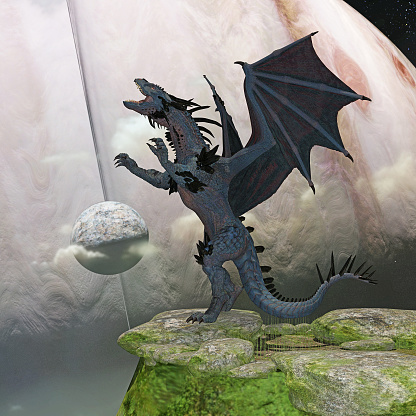 3d illustration of a dragon with black horns standing and roaring at the sky with a ringed planet and moon rising in the background.