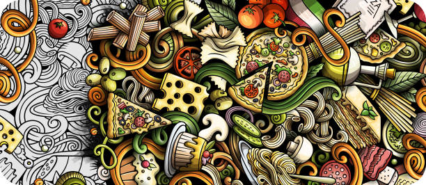 Italian food hand drawn doodle banner. Cartoon detailed flyer. Italian food hand drawn doodle banner. Cartoon detailed flyer. Italy cuisine identity with objects and symbols. Color vector design elements background pepperoni pizza drawing stock illustrations
