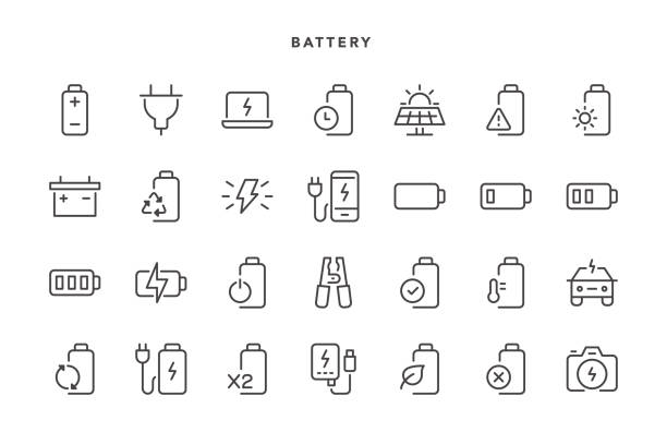 ilustraciones, imágenes clip art, dibujos animados e iconos de stock de iconos de batería - batería