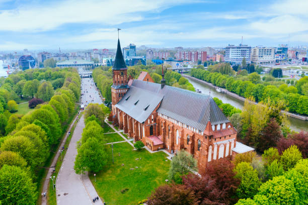 Immanuel Kant cathedral in Kaliningrad. Aerial drone shot. stock photo