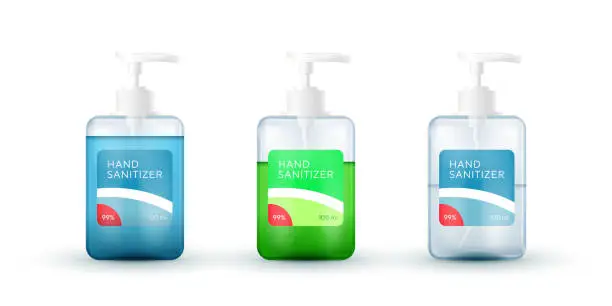 Vector illustration of Set of templates realistic package for bottles with pump dispenser. Plastic containers with hand gel sanitizer or liquid soap. Vector mockup of isolated objects on white background