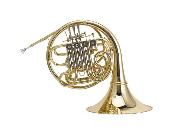 золотой французский рог, духовой музыкальный инструмент изолированы на белом фоне - horns up стоковые фото и изображения
