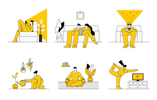 ilustrações de stock, clip art, desenhos animados e ícones de people staying at home - exercício de relaxamento ilustrações