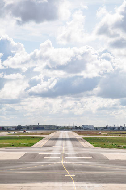 istock Empty airport runway with markings in cloudy day 1224800865