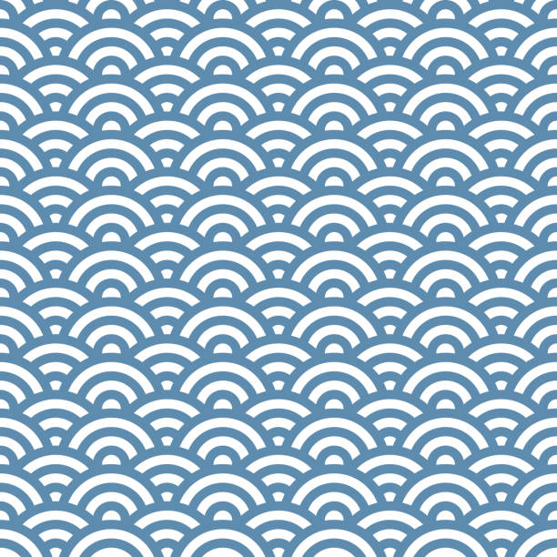 blaue und weiße nahtlose wellen, lineares design. traditionelle japanische muster. seigaiha vektor-illustration. - pattern circle backgrounds retro revival stock-grafiken, -clipart, -cartoons und -symbole