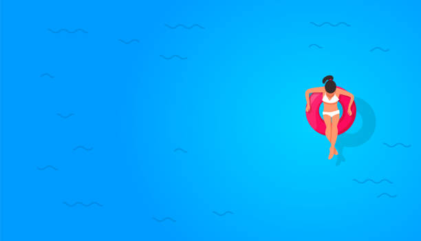 Minimal composition of girl in a swimming circle at sea with copyspace on blue background, top view, flat lay Girl in a swimming circle at sea with copyspace on blue background, top view, flat lay. Minimal composition phuket beach party stock illustrations