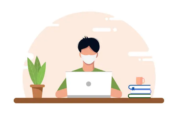 Vector illustration of Masked guy an freelancer working on a laptop