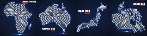 ilustrações de stock, clip art, desenhos animados e ícones de set map of glowing radial dots africa, australia japan and canada. vector illustration - australia tunisia
