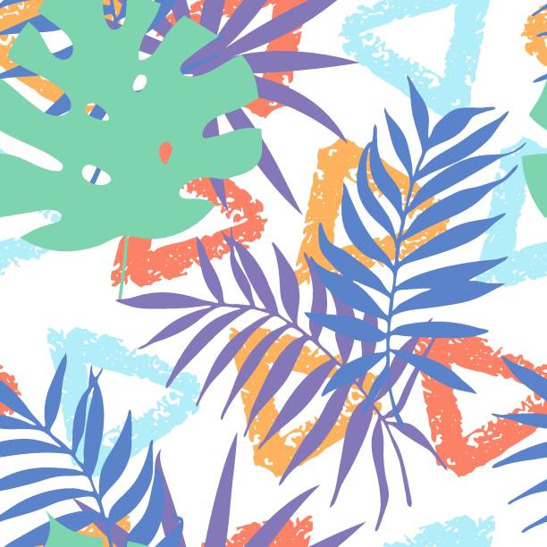 手描きのブラシ三角形と熱帯ヤシの葉を持つ抽象的なシームレスなパターン。●スタイリッシュな背景、バナー、テキスタイル、包装紙デザイン用のベクターイラスト。 モダンなデザイン。 - pattern coconut palm tree frond textile点のイラスト素材／クリップアート素材／マンガ素材／アイコン素材
