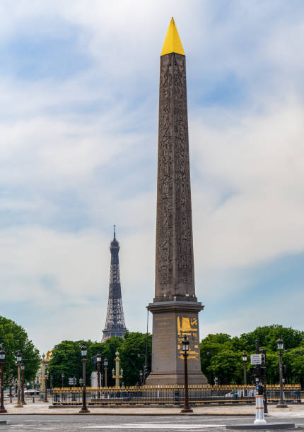 Obelisk and Eiffel tower from the place de la Concorde - Paris, France. stock photo