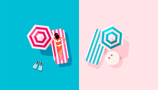 Top view of girl in a swimsuit sunbathes on a striped deck chair under sun umbrella from the sun on a pink blue background with copy space. Illustration
