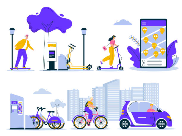illustrations, cliparts, dessins animés et icônes de illustration de caractère de vecteur de l’homme, femme utilisant le service de location - location vélo
