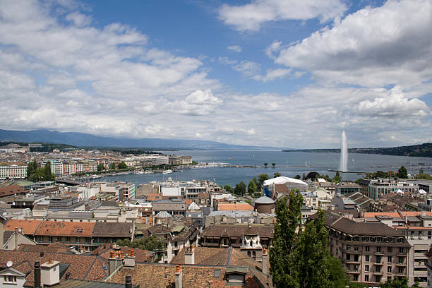 istock Lake Geneva and water jet 122480633