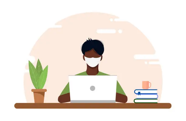 Vector illustration of European african guy on at mask working at home