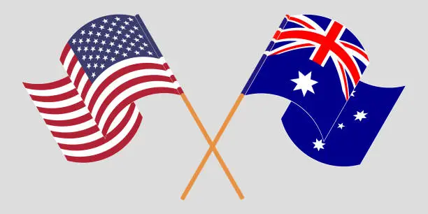 Vector illustration of Crossed and waving flags of Australia and the USA