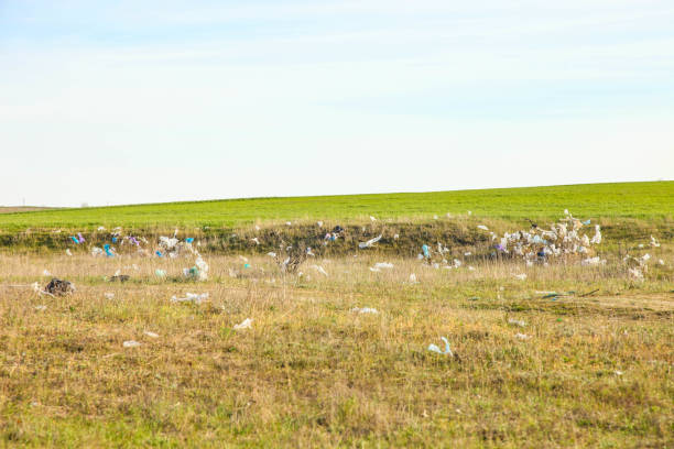 Garbage carried by the wind across the field