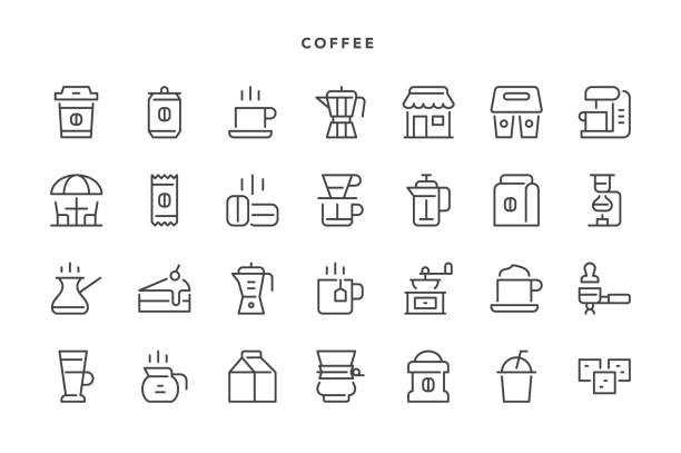 illustrazioni stock, clip art, cartoni animati e icone di tendenza di icone del caffè - cafe coffee shop sidewalk cafe menu