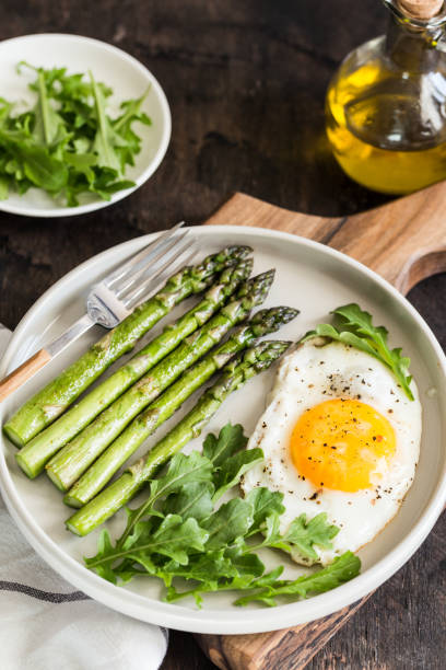 istock Healthy homemade breakfast with asparagus, fried egg and arugula. quarantine healthy eating concept. keto diet 1224809708