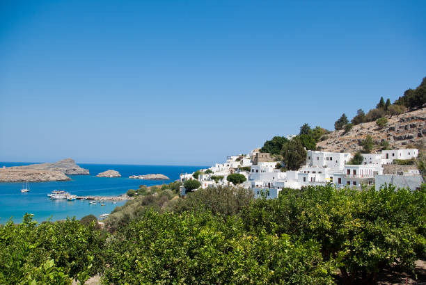 istock Blue and white landscape from Lindos, Rhodes 1224811624
