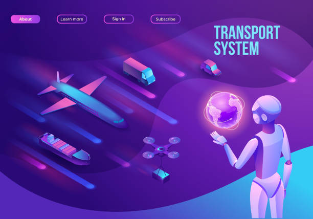 istock Isometric delivery service with truck, smart logistics company illustration, artificial intelligence managing transport system, robot watching screen with map, airplane, car, landing page template 1224814222