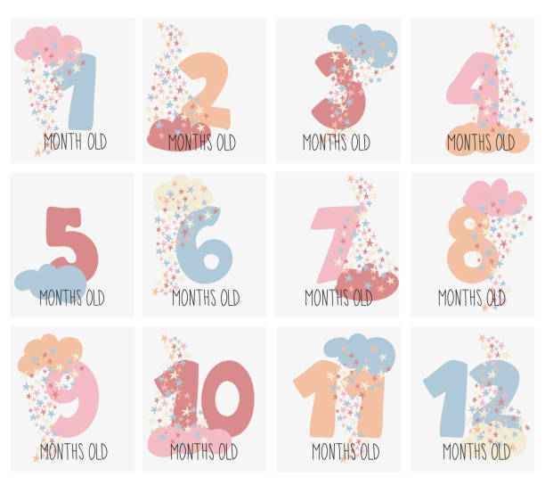 First year baby sticker set with numbers, stars and clouds. vector art illustration