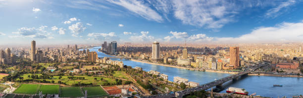 Cairo aerial panorama, the Nile and the downtown buildings, Egypt stock photo