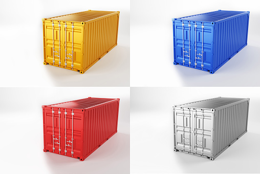 A high quality image of 20ft shipping containers on a white background. Twenty foot sea shipping containers 3d render