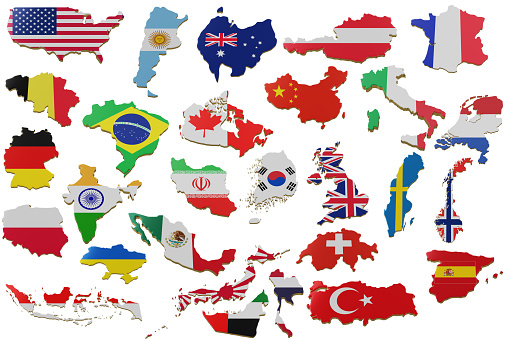 Set 3D map with many Countries. Map of Countries land border with flag. Countries map on white background. 3d rendering