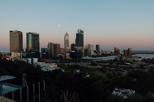 BRISBANE, AUSTRALIA - JULY 30, 2023: Brisbane skyline from Mount Coot-Tha lookout and observation deck at dusk in Brisbane, Queensland, Australia.