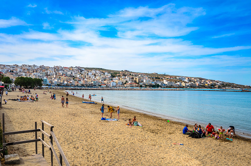 Sitia Crete, May 10 2020-View of the picturesque city of Sitia and the beautiful sandy beach which is situated in short distance from the center of the city.