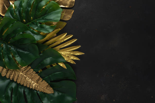 istock Creative layout with gold and green tropical palm leaves on black background. Minimal summer abstract pattern. 1224819084