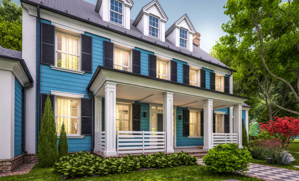istock 3d rendering of modern classic house in colonial style in evening 1224819965