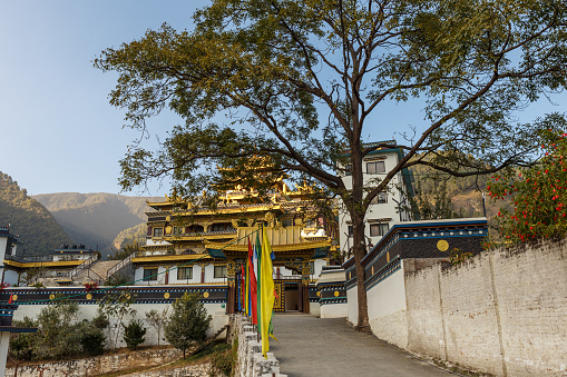Dakshinkali, Nepal - November 13, 2016: The main gate to the monastery. New Azom Monastery. Azom International Buddhist Institute.