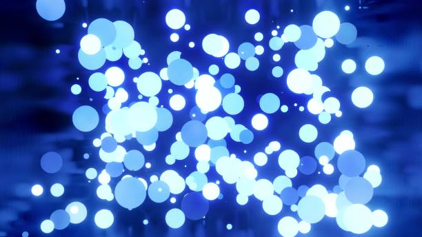 glowing blue balls light and fly in shiny room. 4k abstract 3d background of luminous spheres in dark shiny camera. composition of glowing light bulbs - sound wave flash imagens e fotografias de stock