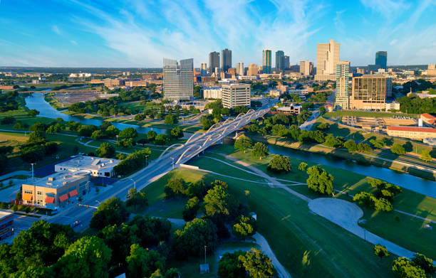 Aerial view of downtown Fort Worth Texas Aerial view of downtown Ft Worth Texas during the day with Trinity River in the foreground texas stock pictures, royalty-free photos & images