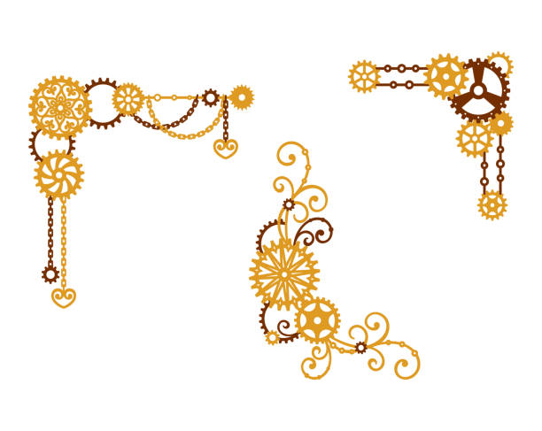 Decorative corners of gears with chain and curls Corner of gears with chain and curls. Mechanism. Steampunk. Decorative elements, border for a stylish holiday greeting card, signage, labels. Vector design template steampunk stock illustrations