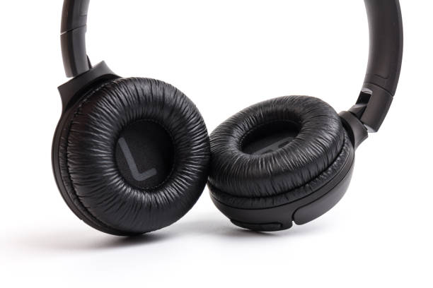 istock Black wireless headphones on white background.  Advanced acoustic stereo sound system 1224826713