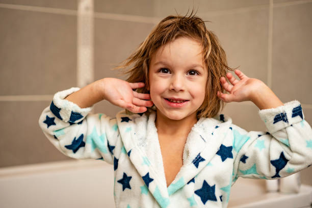 istock Little boy with wet hair after bath 1224830285